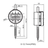 Digitale Messuhr der Professional-Serie – Messbereich 12,5 mm, technische Zeichnung mit Maßangaben
